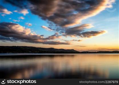Colorful sunset on Lake Constance with colorful clouds