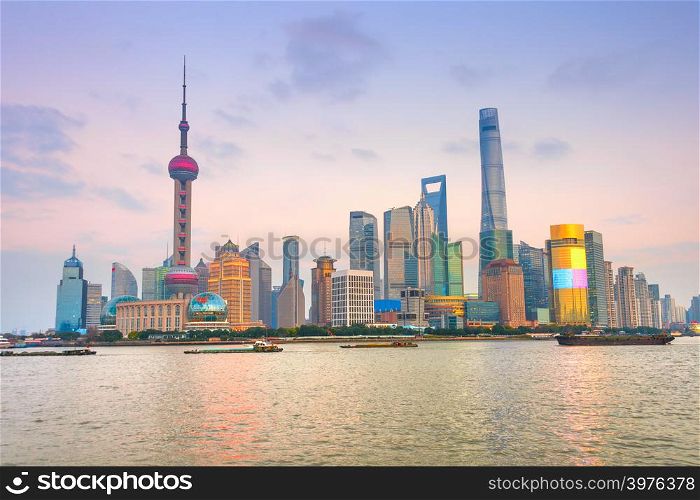 Colorful sunset over modern architecture skyline, Shanghai, China