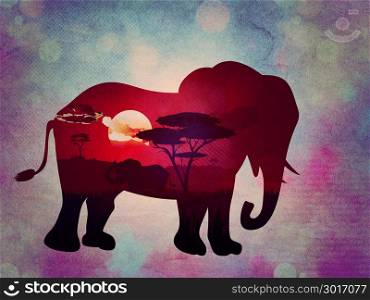 Colorful sunset scene, african landscape with silhouette of trees and elephant, paper textured.