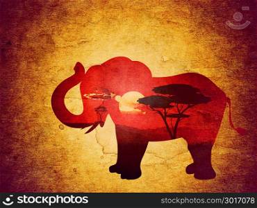 Colorful sunset scene, african landscape with silhouette of trees and elephant, paper textured.