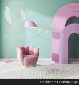 Colorful surreal interior with pink armchair and arches and light green wall, soap bubbles, 3d rendering