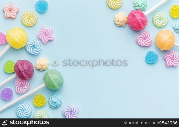 Colorful sweet lollipops and candies over blue background.  Flat lay, top view