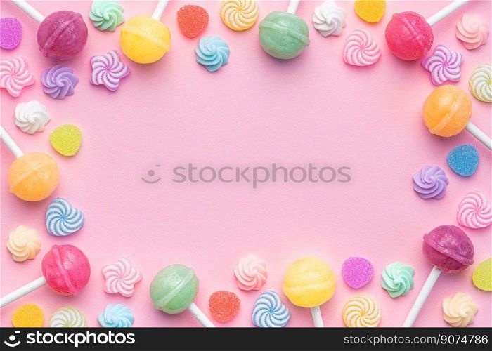 Colorful sweet lollipops and candies over pink background.  Flat lay, top view