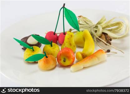 Colorful sweet marzipan fruit candies dessert