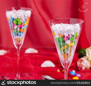 colorful sweets in ch&agne glasses