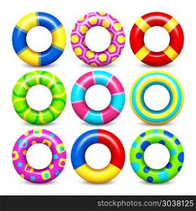 Colorful swim rings vector set. Colorful rubber swim rings vector set for water floating. Swimming circle lifesaver collection for child safe