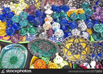 Colorful Tajines for sale in a market stall