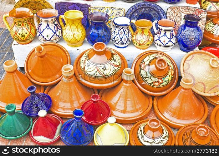 Colorful Tajines for sale in a market stall