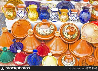 Colorful Tajines for sale in a market stall