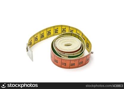 Colorful tape measure on white background