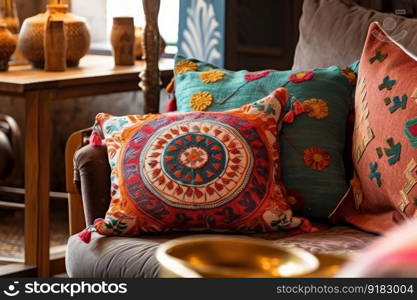 colorful throw pillow on cozy sofa in bohemian home, created with generative ai. colorful throw pillow on cozy sofa in bohemian home