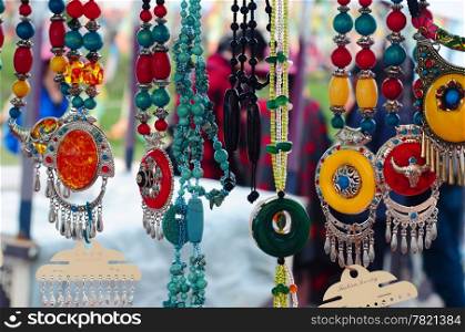 Colorful Tibetan jewelry and personal ornaments at a market in Tibet