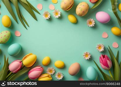 colorful tulips and eggs lying on teal green background with copy space for easter greeting card