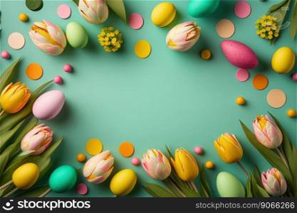 colorful tulips and eggs lying on teal green background with copy space for easter greeting card