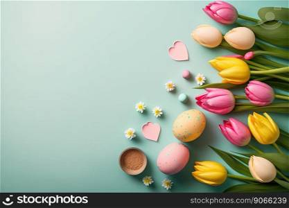 colorful tulips and eggs lying on teal green background with copy space for easter card