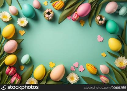 colorful tulips and eggs lying on teal green background with copy space for easter card