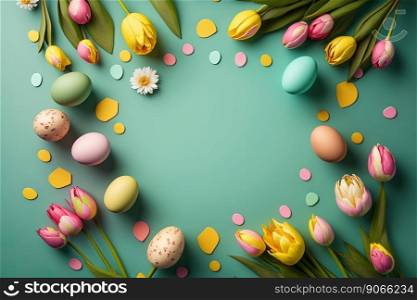 colorful tulips and eggs lying on teal green background with copy space for easter celebration