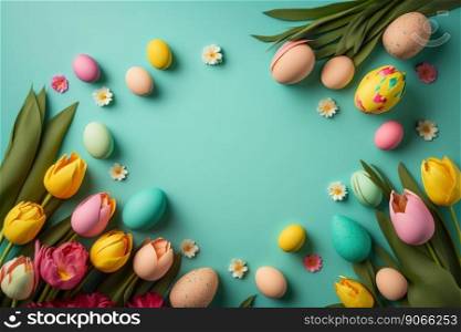 colorful tulips and eggs lying on teal green background with copy space for easter celebration