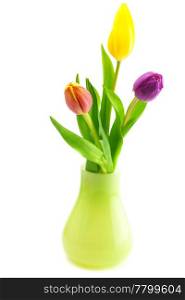 colorful tulips in vase isolated on white