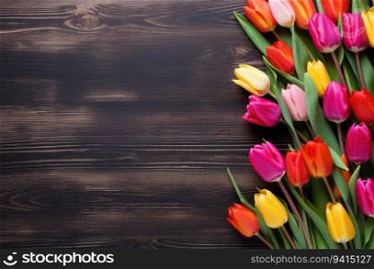 Colorful tulips on wooden background. Top view with copy space