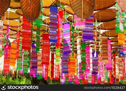 colorful tung cloth using in religous ceremony good time in Thai culture ,make from cotton and woven many pattern.