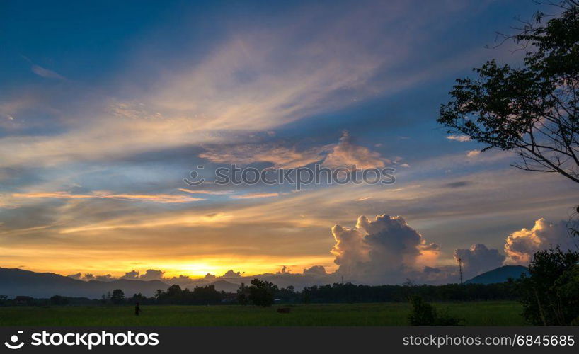 Colorful twilight sky over rice field at Songkhla,Thailand