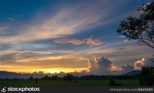 Colorful twilight sky over rice field at Songkhla,Thailand