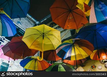 Colorful umbrellas decoration in European street decoration style