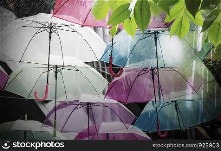 Colorful umbrellas decoration in rainy day