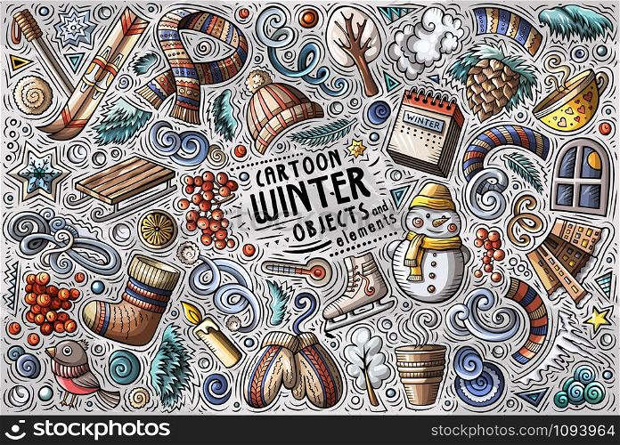 Colorful vector hand drawn doodle cartoon set of Winter theme items, objects and symbols. Vector hand drawn doodle cartoon set of Winter objects and symbols