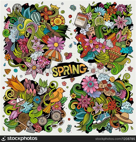 Colorful vector hand drawn doodles cartoon set of Spring combinations of objects and elements. All items are separate. Set of Spring combinations of objects and elements.