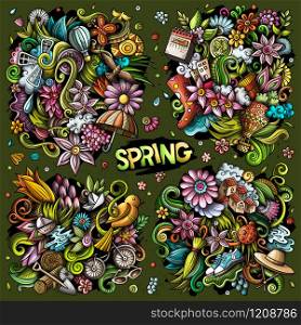 Colorful vector hand drawn doodles cartoon set of Spring combinations of objects and elements. All items are separate. Set of Spring combinations of objects and elements.