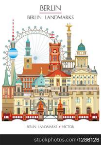 Colorful vector illustration of main Berlin landmarks front view, famous attractions of Berlin, Germany. Vector vertical flat illustration isolated on white background. Berlin travel concept. Stock illustration