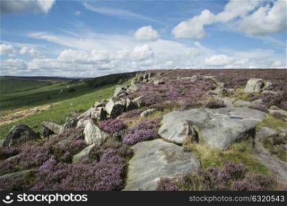 Colorful vibrant landscape image of Burbage Edge and Rocks in Summer in Peak District England