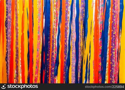 Colorful vibrant vivid fabric strips background. Super Bright fun colored clothes fabric