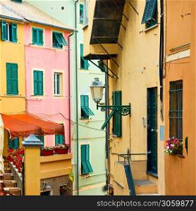 Colorful view of old street in Boccadasse district in Genoa (Genova), Italy. Italian cityscape