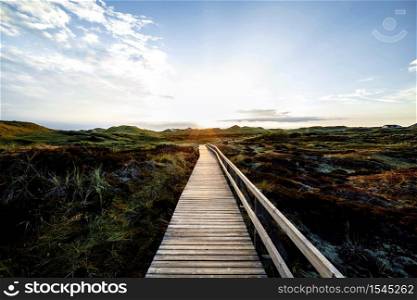 Colorful view of seaside landscape before sunset. Wooden touristic walkway in nature reserve. Summer vacation and wildlife concept.