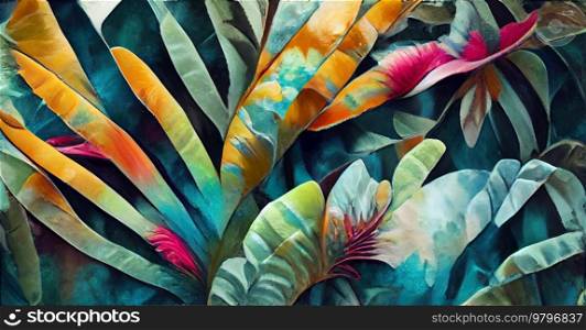 Colorful vintage organic background with green tropical leaves and flowers. Colorful vintage organic bacground