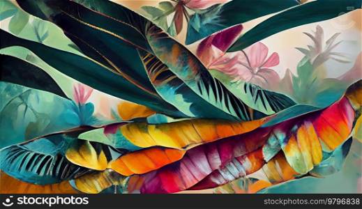 Colorful vintage organic background with tropical leaves and flowers. Colorful vintage organic bacground