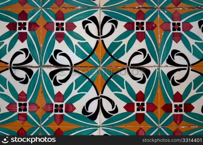 Colorful vintage spanish style ceramic tiles wall decoration.