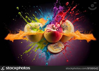 Colorful water splashing on apples as art performance moment catching. Neural network AI generated art. Colorful water splashing on apples as art performance moment catching. Neural network generated art