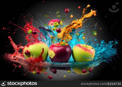 Colorful water splashing on apples as art performance moment catching. Neural network AI generated art. Colorful water splashing on apples as art performance moment catching. Neural network generated art