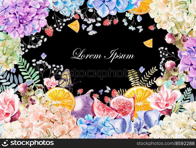 Colorful watercolor greeting card or wedding invitation. From hydrangea flower, rose, peony, eustomiya and fruits oranges, figs, raspberries. Illustrations.. Colorful watercolor greeting card or wedding invitation. From hydrangea flower, rose, peony, eustomiya and fruits oranges, figs, raspberries. 