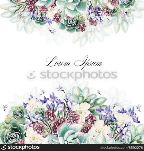 Colorful watercolor greeting card or wedding invitation. With flowers of lavender, succulents and blackberries. Illustrations.. Colorful watercolor greeting card or wedding invitation. With flowers of lavender, succulents and blackberries.