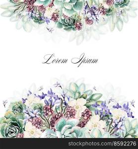Colorful watercolor greeting card or wedding invitation. With flowers of lavender, succulents and blackberries. Illustrations.. Colorful watercolor greeting card or wedding invitation. With flowers of lavender, succulents and blackberries.