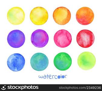 Colorful watercolor paint design elements. Circles isolated on white background. Watercolor circles set