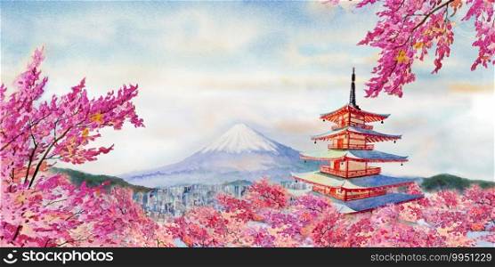 Colorful watercolor painting famous landmarks in Japan. Chureito red Pagoda, Mount Fuji and pink color cherry blossom beautiful in spring season at sunrise in the morning, copy space sky background.