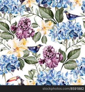 Colorful watercolor pattern with flowers hydrangeas , alstroemeria, irises and birds . Illustration. Colorful watercolor pattern with flowers hydrangeas , alstroemeria, irises and birds . 