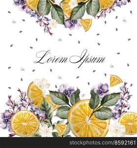Colorful watercolor post card or wedding invitation. With lavender flowers, anemones, and orange fruits. Illustrations.. Colorful watercolor post card or wedding invitation. With lavender flowers, anemones, and orange fruits. 