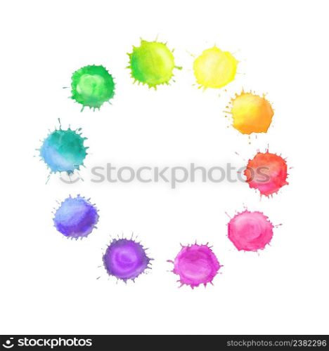 Colorful watercolor splashes isolated on white background. Round frame made of watercolor rainbow blobs